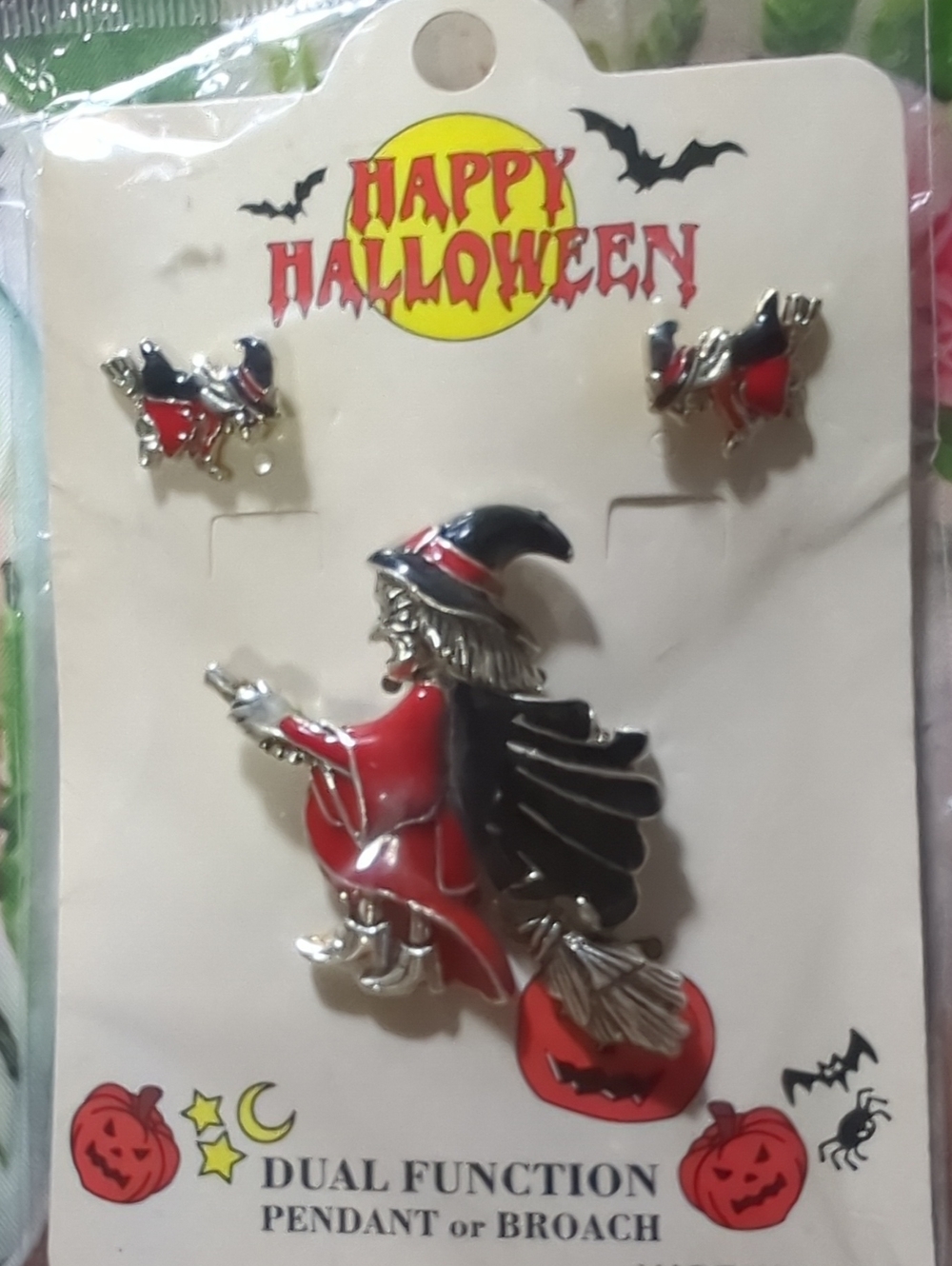 Halloween Witch Riding Broomstick Brooch/Pendant Dual Function Pen W/Earrings